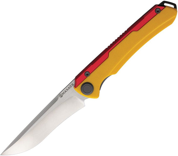 Maxace Kestrel Framelock Yellow G10 w Red Aluminum Bead Blast MagnaCut