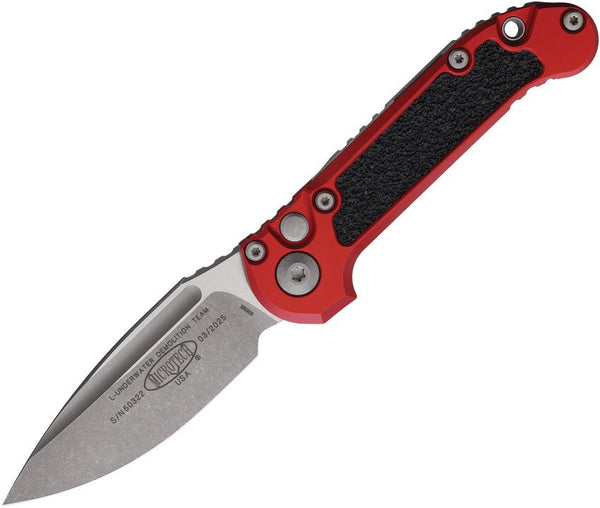 Microtech Auto LUDT Button Lock Gen III Red Aluminum w Black Traction Inlay Apocalyptic Bohler M390MK