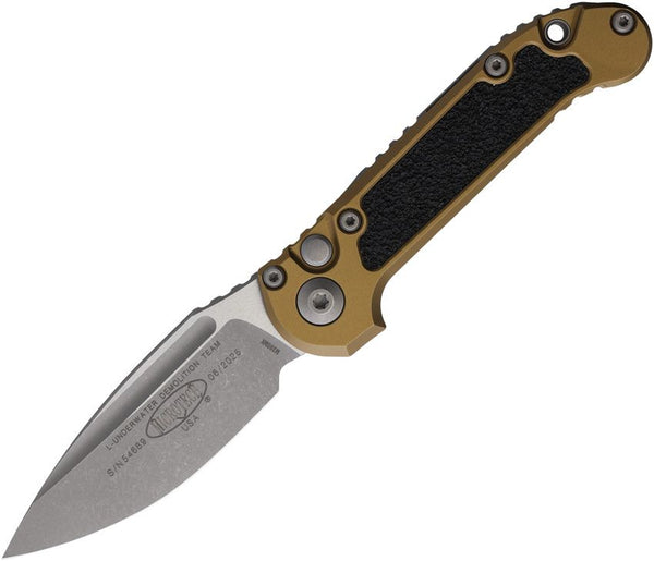 Microtech Auto LUDT Button Lock Gen III Tan Aluminum w Black Traction Inlay Apocalyptic Bohler M390MK
