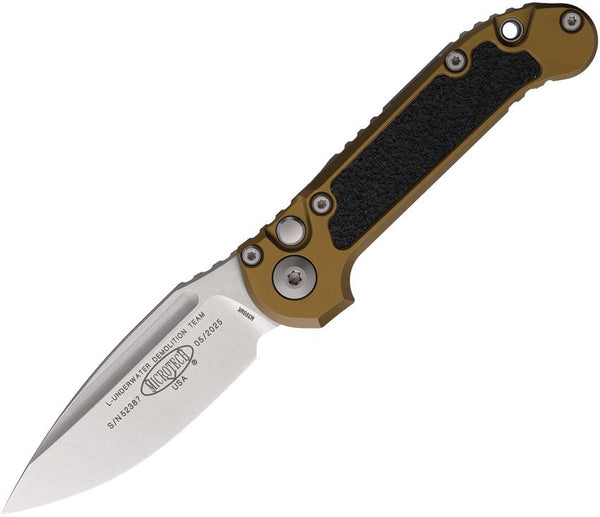 Microtech Auto LUDT Button Lock Gen III Tan Aluminum w Black Traction Inlay Stonewash Bohler M390MK