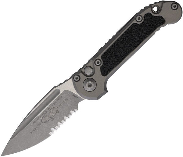 Microtech Auto LUDT Button Lock Gen III Gray Aluminum w Black Traction Inlay Apocalyptic P/Serrated Bohler M390MK