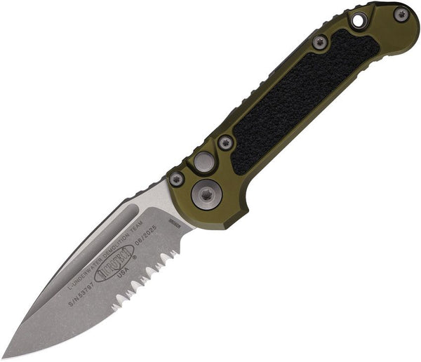 Microtech Auto LUDT Button Lock Gen III OD Green Aluminum w Black Traction Inlay Apocalyptic P/Serrated Bohler M390MK