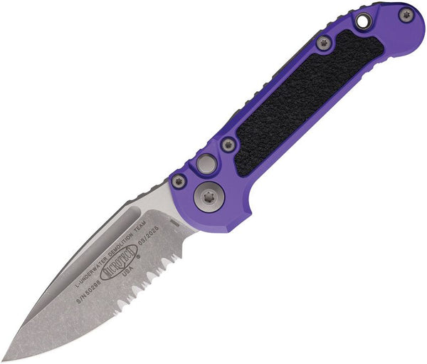 Microtech Auto LUDT Button Lock Gen III Purple Aluminum w Black Traction Inlay Apocalyptic P/Serrated Bohler M390MK