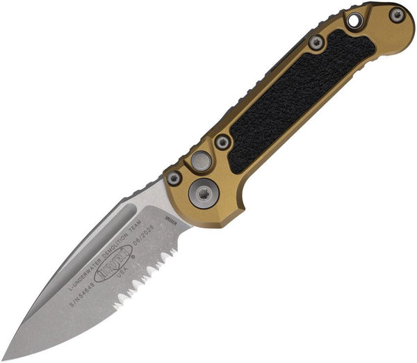 Microtech Auto LUDT Button Lock Gen III Tan Aluminum w Black Traction Inlay Apocalyptic P/Serrated Bohler M390MK