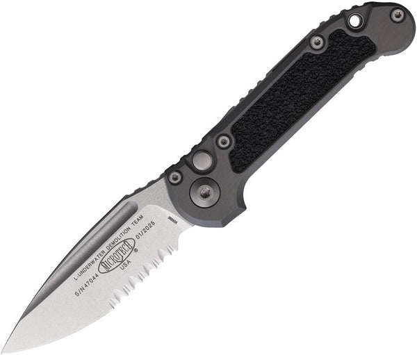 Microtech Auto LUDT Button Lock Gen III Gray Aluminum w Black Traction Inlay Stonewash P/Serrated Bohler M390MK