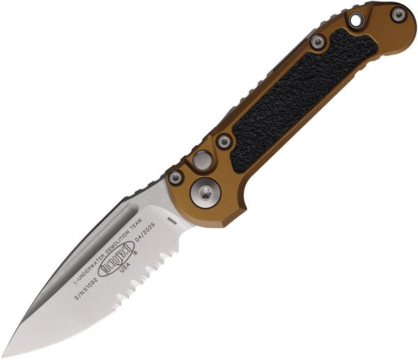 Microtech Auto LUDT Button Lock Gen III Tan Aluminum w Black Traction Inlay Stonewash P/Serrated Bohler M390MK