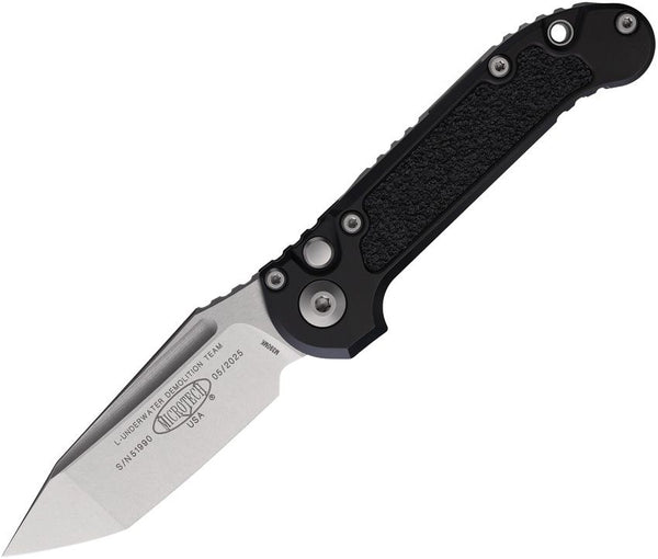 Microtech Auto LUDT Button Lock Gen III Black Aluminum w Traction Inlay Stonewash Tanto Bohler M390MK