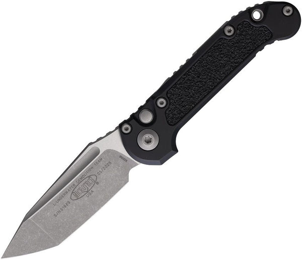 Microtech Auto LUDT Button Lock Gen III Black aluminum w Traction Inlay Apocalyptic Tanto Bohler M390MK