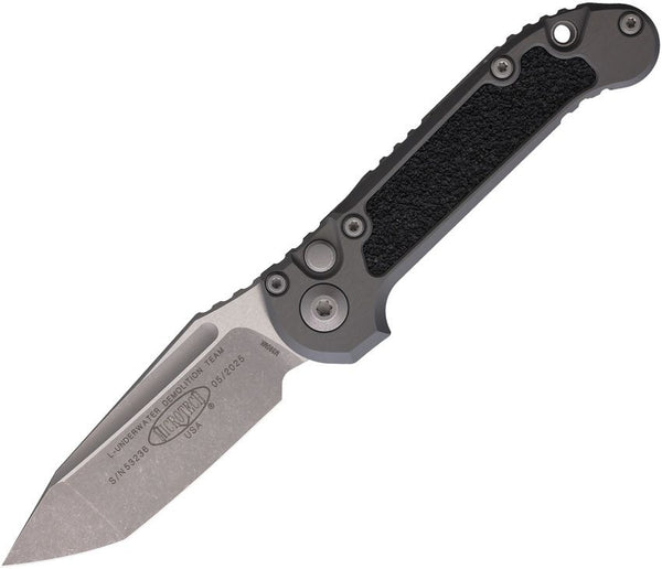 Microtech Auto LUDT Button Lock Gen III Gray Aluminum w Black Traction Inlay Apocalyptic Tanto Bohler M390MK
