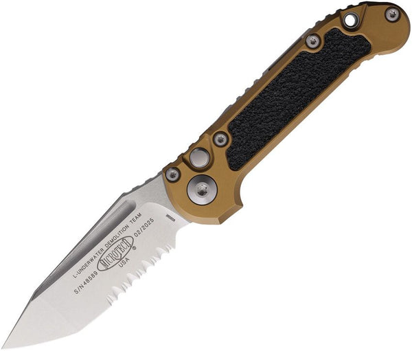 Microtech Auto LUDT Button Lock Gen III Tan Aluminum Stonewash P/Serrated Bohler M390MK