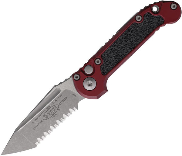 Microtech Auto LUDT Button Lock Gen III Red Merlot Aluminum Apocalyptic Full Serrated Tanto Bohler M390MK
