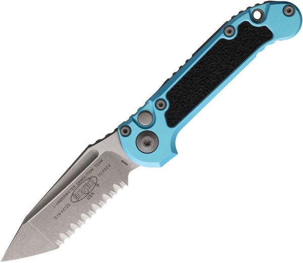 Microtech Auto LUDT Button Lock Gen III Turquoise Aluminum Apocalyptic Full Serrated Tanto Bohler M390MK