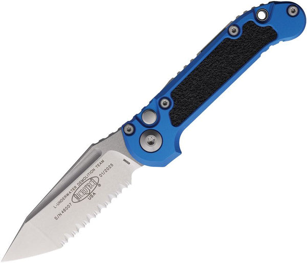 Microtech Auto LUDT Button Lock Gen III Blue Aluminum Stonewash Full Serrated Tanto Bohler M390MK