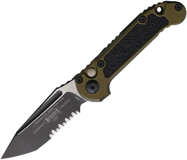 Microtech Auto LUDT Button Lock Gen III OD Green Aluminum Two Tone P/Serrated Tanto Bohler M390MK