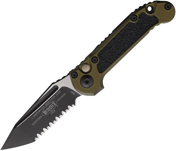 Microtech Auto LUDT Button Lock Gen III OD Green Aluminum Two Tone Full Serrated Tanto Bohler M390MK