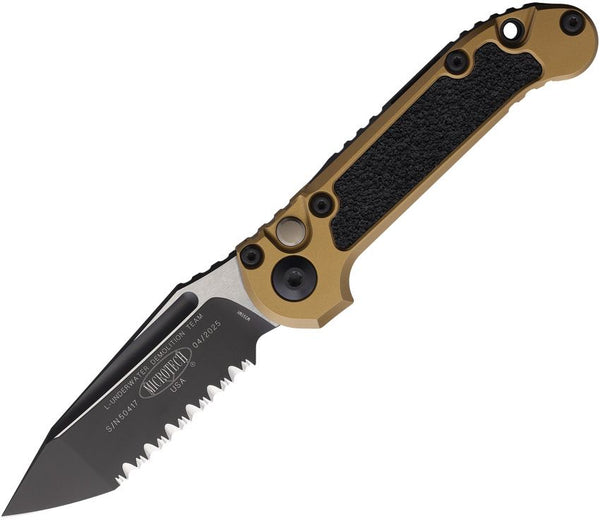 Microtech Auto LUDT Button Lock Gen III Tan Aluminum Two Tone Full Serrated Tanto Bohler M390MK