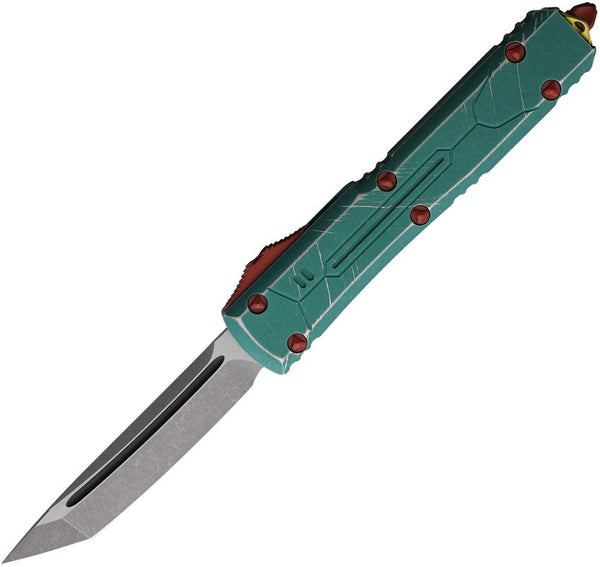 Microtech Auto Ultratech T/E OTF Bounty Distressed Teal & Red Aluminum Apocalyptic Tanto Bohler M390