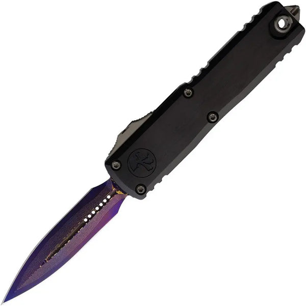 Microtech Auto UTX-85 GEN III Select Black Aluminum D/E Blue Baker Forge Coppermai Damascus