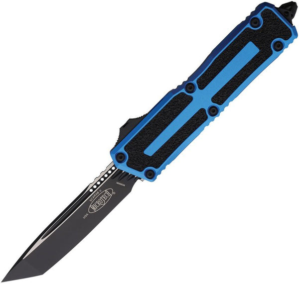 Microtech Auto Scarab II OTF T/E Gen III Blue Aluminum w Black Traction Inlay Two Tone Tanto Bohler M390MK
