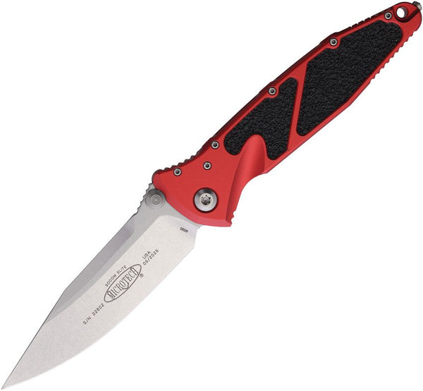 Microtech Socom Elite S\E Linerlock Red Aluminum w Black Traction Inlay Stonewash Bohler M390