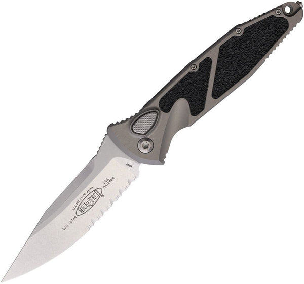 Microtech Auto Socom Elite Buttonlock Gray Aluminum w Black Traction Inlay Stonewash P/Serrated Bohler M390