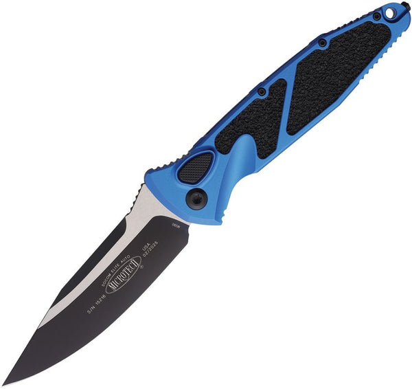 Microtech Auto Socom Elite Buttonlock Blue Aluminum w Black Traction Inlay Two Tone Bohler M390