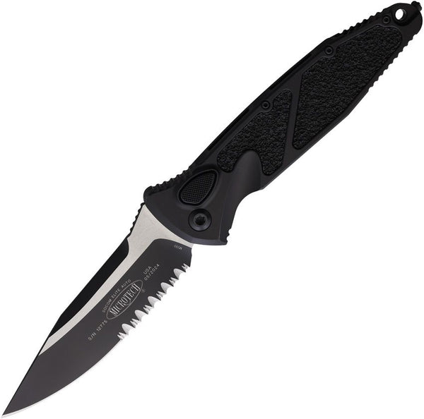 Microtech Auto Socom Elite Buttonlock Black Aluminum w Traction Inlay Two Tone P/Serrated Bohler M390