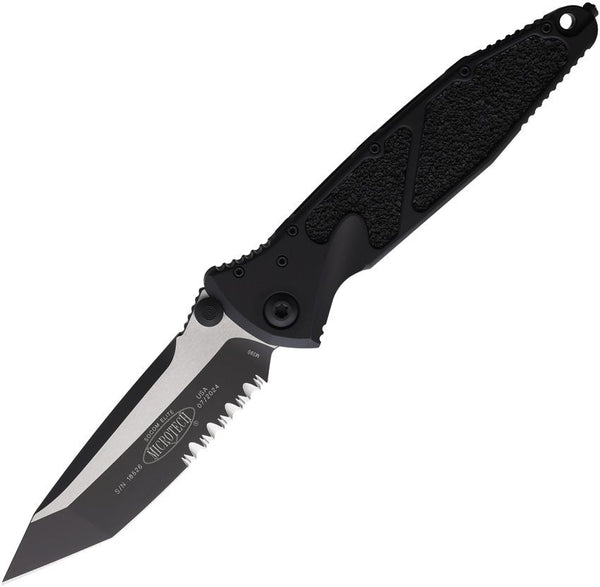 Microtech Socom Elite Linerlock Black Aluminum w Traction Inlay Two Tone Tanto P/Serrated Bohler M390