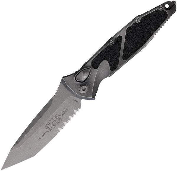 Microtech Auto Socom Elite Buttonlock Gray Weathered Aluminum w Black Traction Inlay Apocalyptic Tanto P/Serrated Bohler M390MK