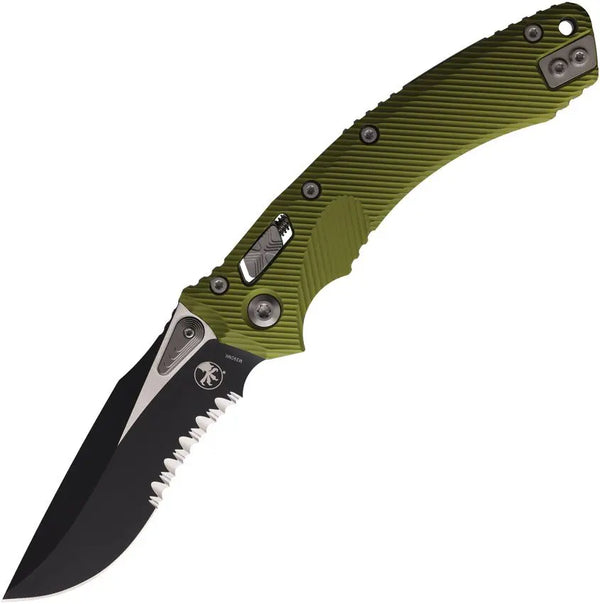 Microtech Amphibian S/E Ram-Lok OD Green Fluted Aluminum Two Tone P/S Bohler M390MK
