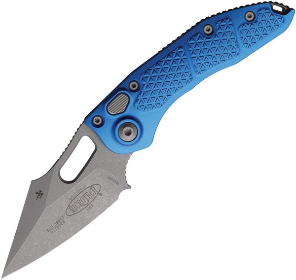 Microtech Stitch S/E Ram Lok Blue Textured Aluminum Apocalyptic Wharncliffe Bohler M390MK