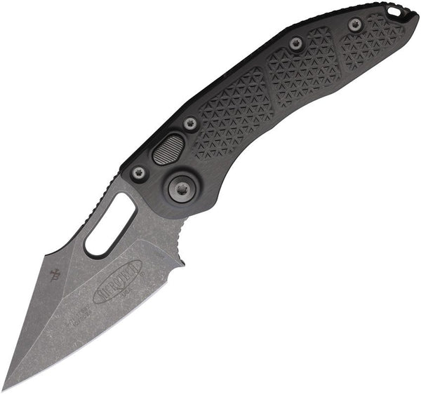 Microtech Auto Stitch S/E Button Lock Gray Aluminum Apocalyptic Wharncliffe Bohler M390