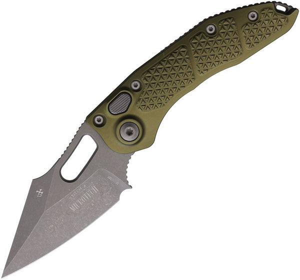 Microtech Auto Stitch S/E Button Lock OD Green Textured Aluminum Apocalyptic Bohler M390MK