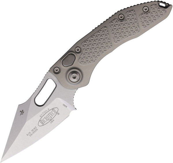 Microtech Auto Stitch S/E Button Lock Gray Textured Aluminum Stonewash Wharncliffe Bohler M390