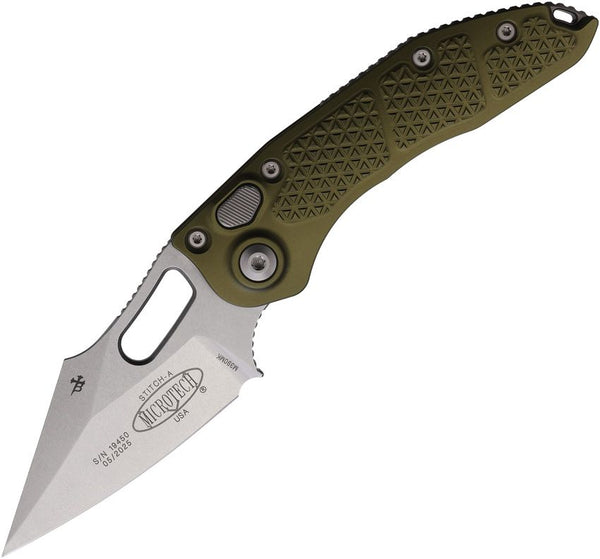 Microtech Auto Stitch S/E Button Lock OD Green Textured Aluminum Stonewash Bohler M390MK