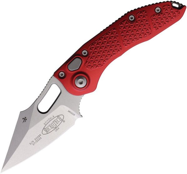 Microtech Stitch S/E Ram Lok Red Textured Aluminum Stonewash Wharncliffe Bohler M390MK