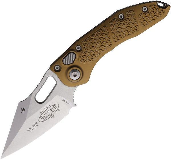 Microtech Auto Stitch S/E Button Lock Tan Textured Aluminum Stonewash Wharncliffe Bohler M390MK