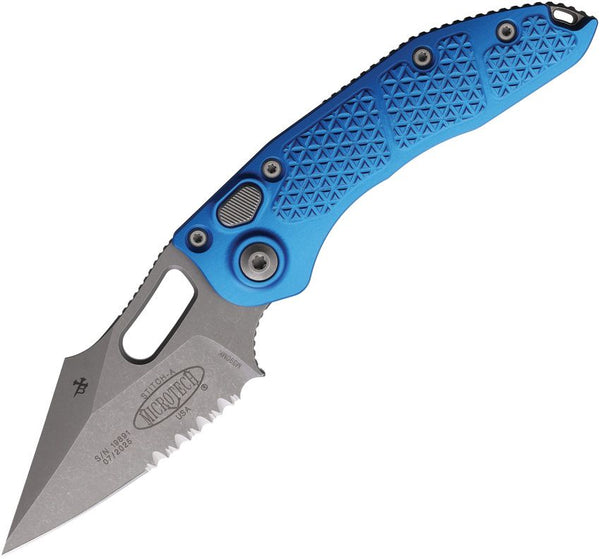 Microtech Stitch S/E Ram Lok Blue Textured Aluminum Apocalyptic P/Serrated Wharncliffe Bohler M390MK