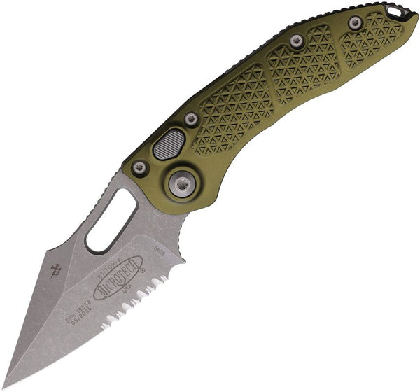Microtech Auto Stitch Button Lock OD Green Textured Aluminum Apocalyptic P/Serrated Bohler M390