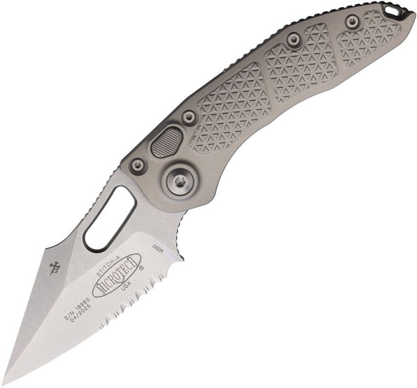 Microtech Auto Stitch S/E Button Lock Gray Textured Aluminum Stonewash Wharncliffe  P/Serrated Bohler M390
