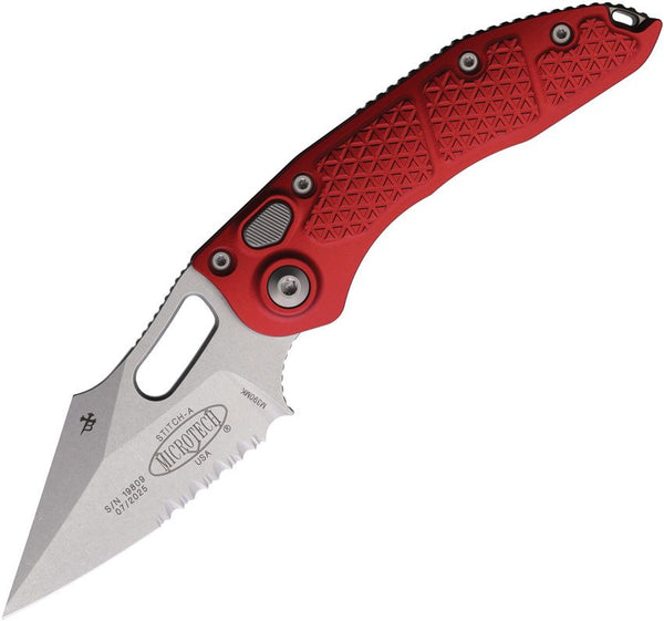 Microtech Stitch S/E Ram Lok Red Textured Aluminum Stonewash P/Serrated Wharncliffe Bohler M390MK