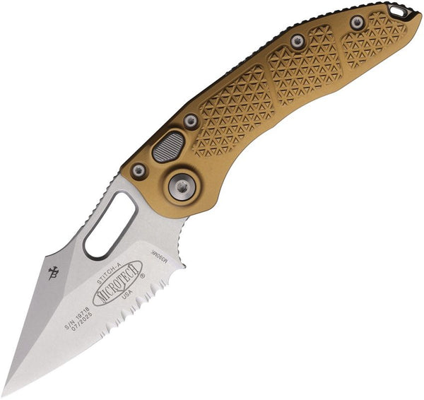 Microtech Auto Stitch S/E Button Lock Tan Textured Aluminum P/Serrated Wharncliffe Bohler M390MK