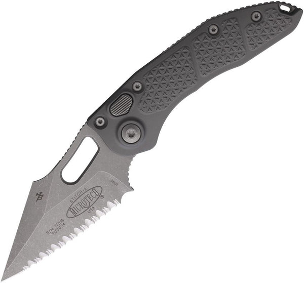 Microtech Auto Stitch S/E Button Lock Apocalyptic Wharncliffe F/Serrated Bohler M390