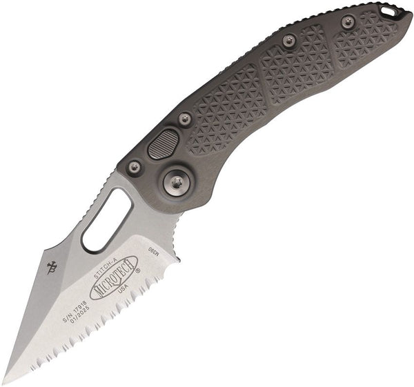 Microtech Auto Stitch S/E Button Lock Gray Textured Aluminum Stonewash Wharncliffe F/Serrated Bohler M390