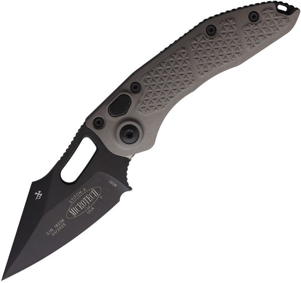 Microtech Auto Stitch S/E Button Lock Gray Aluminum Black Apocalyptic Wharncliffe Bohler M390