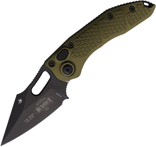 Microtech Auto Stitch S/E Button Lock OD Green Textured Aluminum Black Bohler M390MK