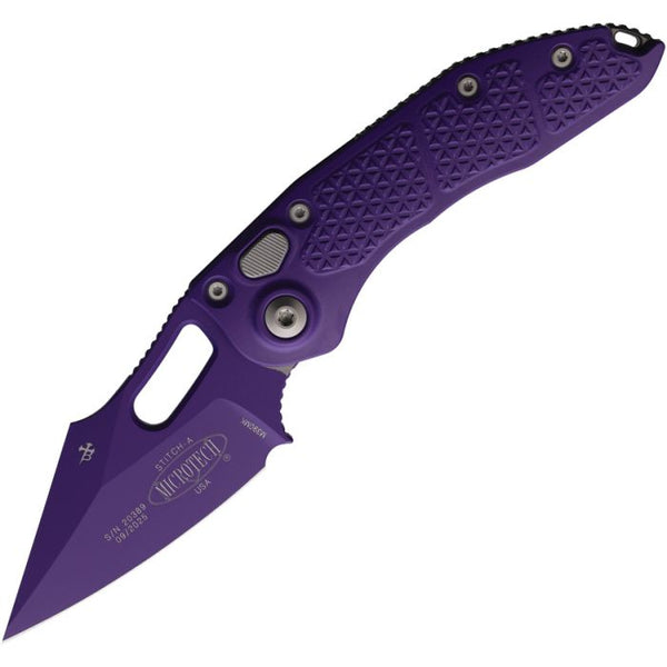 Microtech Auto Stitch S/E Button Lock Wharncliffe Purple Aluminum Cerakote Bohler M390MK