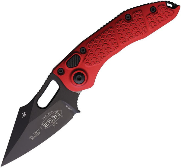 Microtech Auto Stitch S/E Button Lock Red Textured Aluminum Black DLC Wharncliffe Bohler M390MK