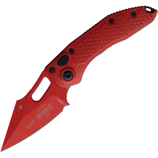 Microtech Auto Stitch S/E Button Lock Wharncliffe Red Aluminum Cerakote Bohler M390MK