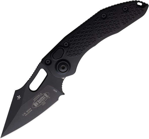 Microtech Auto Stitch S/E Button Lock Blackout Aluminum Wharncliffe Bohler M390